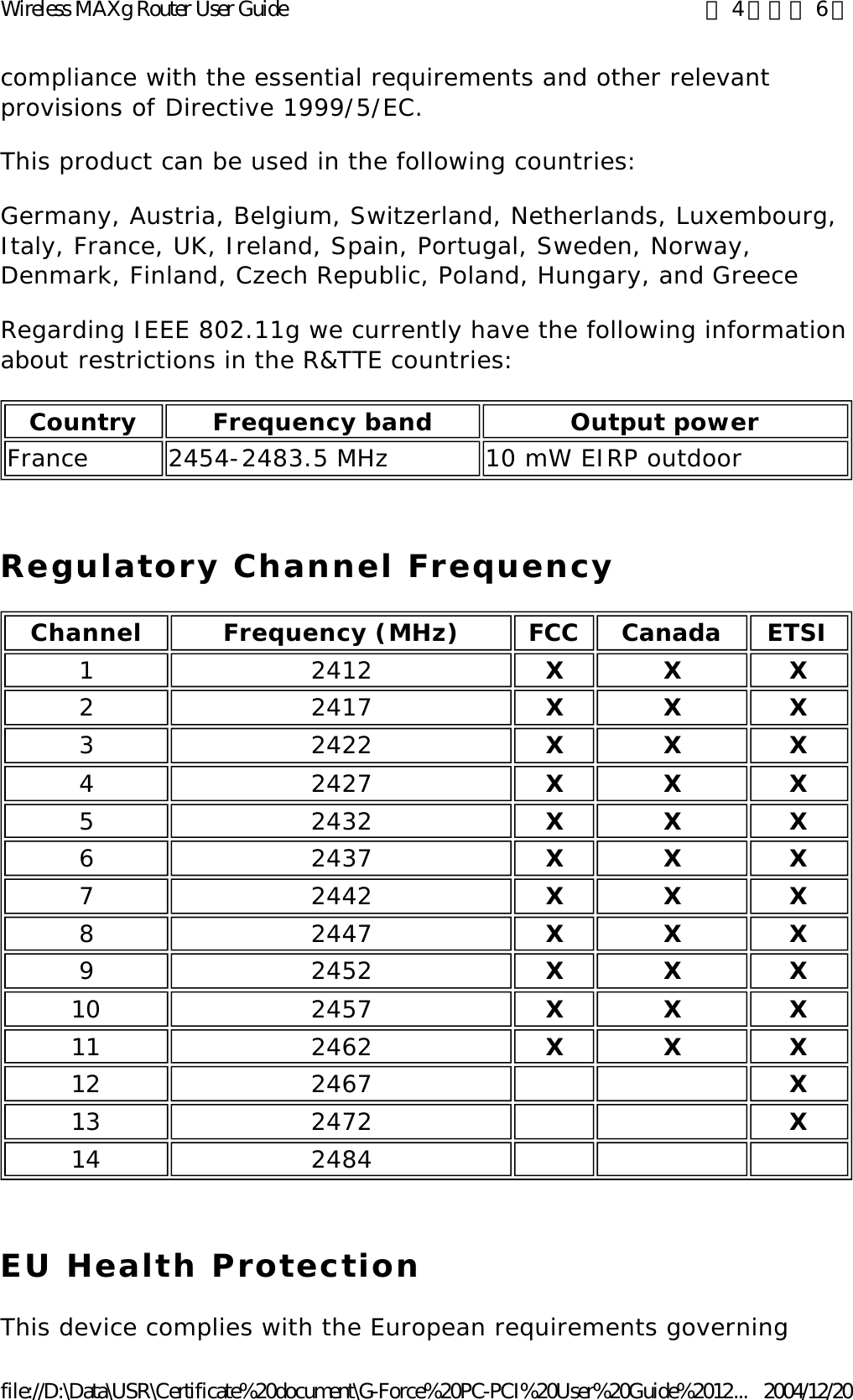 compliance with the essential requirements and other relevant provisions of Directive 1999/5/EC.  This product can be used in the following countries: Germany, Austria, Belgium, Switzerland, Netherlands, Luxembourg, Italy, France, UK, Ireland, Spain, Portugal, Sweden, Norway, Denmark, Finland, Czech Republic, Poland, Hungary, and Greece Regarding IEEE 802.11g we currently have the following information about restrictions in the R&amp;TTE countries: Regulatory Channel Frequency EU Health Protection This device complies with the European requirements governing Country Frequency band Output powerFrance 2454-2483.5 MHz 10 mW EIRP outdoorChannel Frequency (MHz) FCC Canada ETSI12412 X X X22417 X X X32422 X X X42427 X X X52432 X X X62437 X X X72442 X X X82447 X X X92452 X X X10 2457 X X X11 2462 X X X12 2467     X13 2472     X14 2484      第 4 頁，共 6 頁Wireless MAXg Router User Guide2004/12/20file://D:\Data\USR\Certificate%20document\G-Force%20PC-PCI%20User%20Guide%2012...