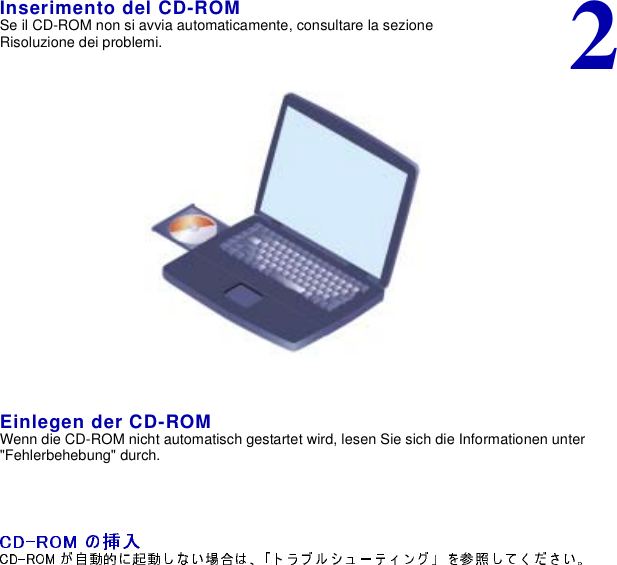 2Inserimento del CD-ROMSe il CD-ROM non si avvia automaticamente, consultare la sezioneRisoluzione dei problemi.Einlegen der CD-ROMWenn die CD-ROM nicht automatisch gestartet wird, lesen Sie sich die Informationen unter&quot;Fehlerbehebung&quot; durch.