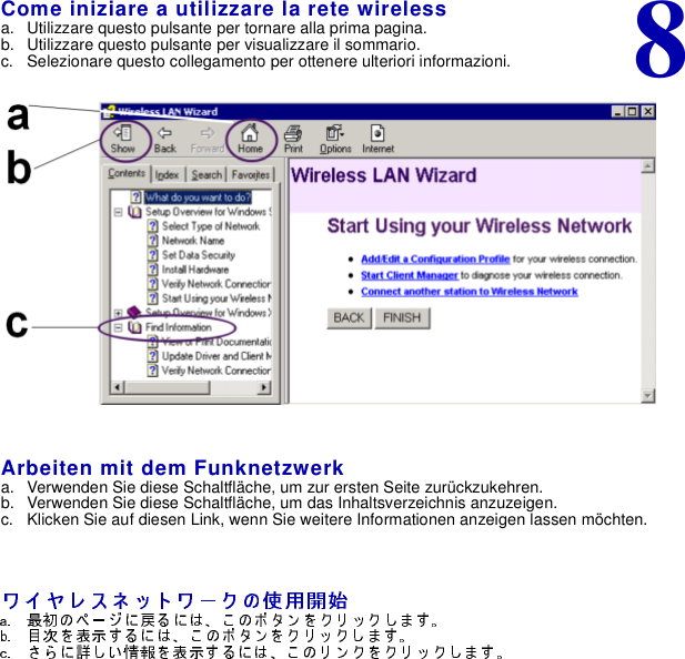 8Come iniziare a utilizzare la rete wirelessa. Utilizzare questo pulsante per tornare alla prima pagina.b. Utilizzare questo pulsante per visualizzare il sommario.c. Selezionare questo collegamento per ottenere ulteriori informazioni.Arbeiten mit dem Funknetzwerka. Verwenden Sie diese Schaltfläche, um zur ersten Seite zurückzukehren.b. Verwenden Sie diese Schaltfläche, um das Inhaltsverzeichnis anzuzeigen.c. Klicken Sie auf diesen Link, wenn Sie weitere Informationen anzeigen lassen möchten.