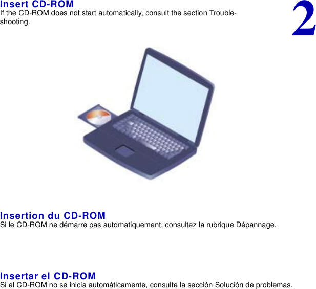 2Insert CD-ROMIf the CD-ROM does not start automatically, consult the section Trouble-shooting.Insertion du CD-ROMSi le CD-ROM ne démarre pas automatiquement, consultez la rubrique Dépannage.Insertar el CD-ROMSi el CD-ROM no se inicia automáticamente, consulte la sección Solución de problemas.