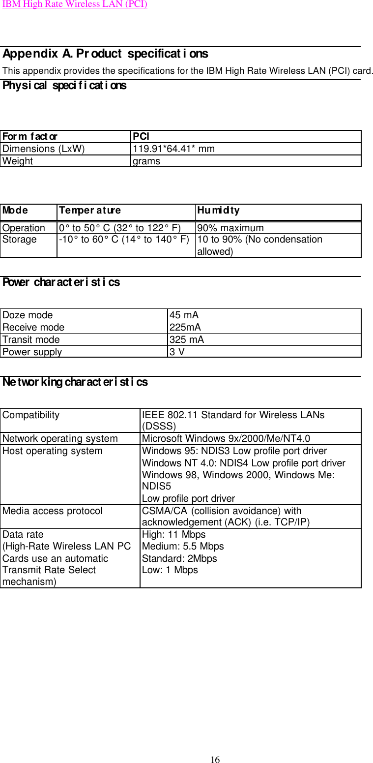 IBM High Rate Wireless LAN (PCI) 16  Appendix A. Product specifications This appendix provides the specifications for the IBM High Rate Wireless LAN (PCI) card. Physical specifications   Form factor  PCI Dimensions (LxW) 119.91*64.41* mm Weight grams   Mode Temperature  Humidity  Operation 0° to 50° C (32° to 122° F) 90% maximum Storage -10° to 60° C (14° to 140° F) 10 to 90% (No condensation allowed)  Power characteristics  Doze mode 45 mA Receive mode 225mA Transit mode 325 mA Power supply 3 V  Networking characteristics  Compatibility IEEE 802.11 Standard for Wireless LANs (DSSS) Network operating system Microsoft Windows 9x/2000/Me/NT4.0   Host operating system Windows 95: NDIS3 Low profile port driver Windows NT 4.0: NDIS4 Low profile port driver Windows 98, Windows 2000, Windows Me: NDIS5 Low profile port driver Media access protocol CSMA/CA (collision avoidance) with acknowledgement (ACK) (i.e. TCP/IP) Data rate (High-Rate Wireless LAN PC Cards use an automatic Transmit Rate Select mechanism) High: 11 Mbps Medium: 5.5 Mbps Standard: 2Mbps Low: 1 Mbps       