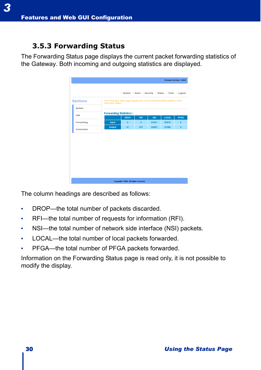 30 Using the Status PageFeatures and Web GUI Configuration33.5.3 Forwarding StatusThe Forwarding Status page displays the current packet forwarding statistics of the Gateway. Both incoming and outgoing statistics are displayed.The column headings are described as follows:•DROP—the total number of packets discarded.•RFI—the total number of requests for information (RFI).•NSI—the total number of network side interface (NSI) packets.•LOCAL—the total number of local packets forwarded.•PFGA—the total number of PFGA packets forwarded.Information on the Forwarding Status page is read only, it is not possible to modify the display.