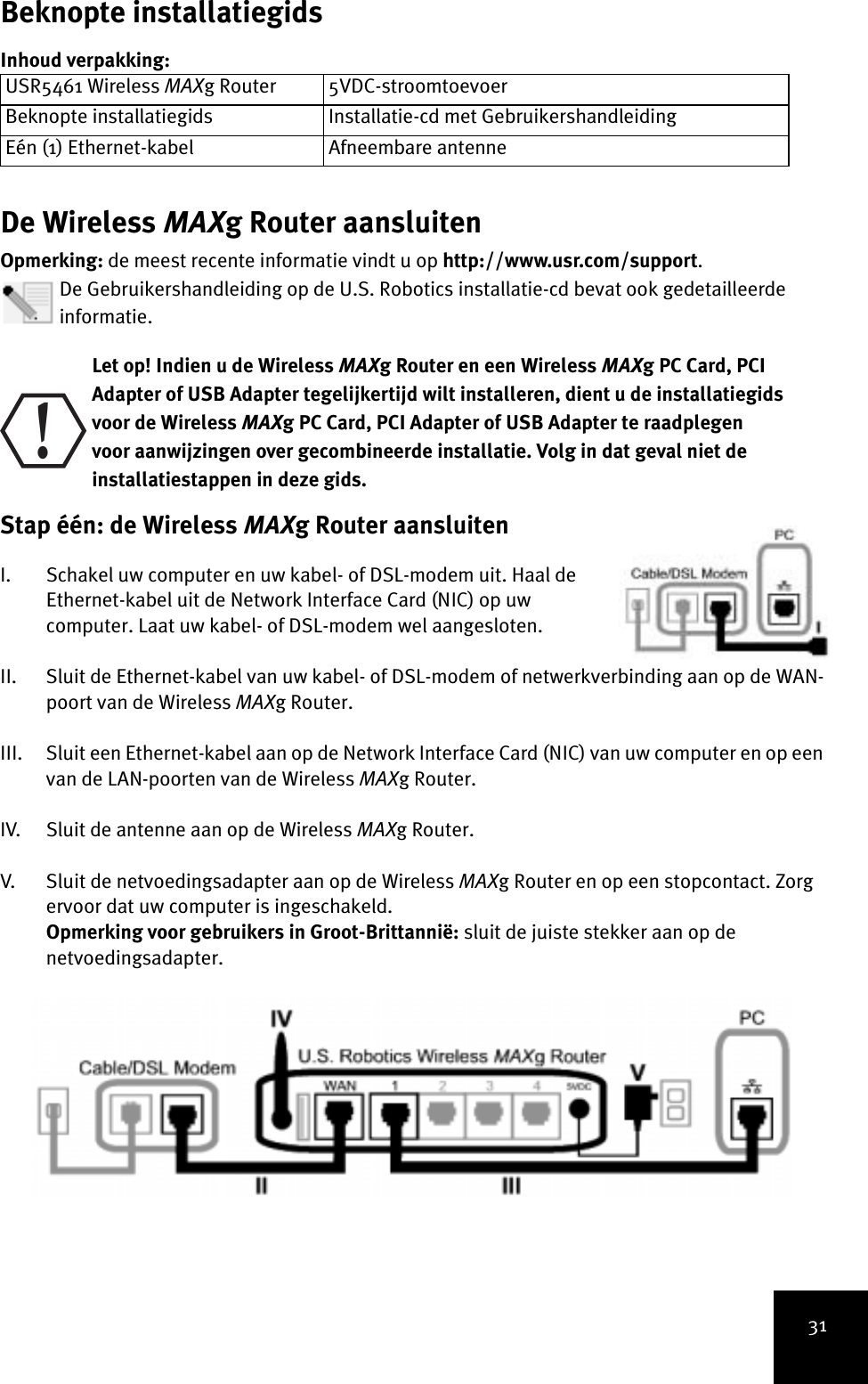 31Beknopte installatiegidsInhoud verpakking:De Wireless MAXg Router aansluitenOpmerking: de meest recente informatie vindt u op http://www.usr.com/support.De Gebruikershandleiding op de U.S. Robotics installatie-cd bevat ook gedetailleerde informatie. Let op! Indien u de Wireless MAXg Router en een Wireless MAXg PC Card, PCI Adapter of USB Adapter tegelijkertijd wilt installeren, dient u de installatiegids voor de Wireless MAXg PC Card, PCI Adapter of USB Adapter te raadplegen voor aanwijzingen over gecombineerde installatie. Volg in dat geval niet de installatiestappen in deze gids.Stap één: de Wireless MAXg Router aansluiten I. Schakel uw computer en uw kabel- of DSL-modem uit. Haal de Ethernet-kabel uit de Network Interface Card (NIC) op uw computer. Laat uw kabel- of DSL-modem wel aangesloten.II. Sluit de Ethernet-kabel van uw kabel- of DSL-modem of netwerkverbinding aan op de WAN-poort van de Wireless MAXg Router.III. Sluit een Ethernet-kabel aan op de Network Interface Card (NIC) van uw computer en op een van de LAN-poorten van de Wireless MAXg Router.IV. Sluit de antenne aan op de Wireless MAXg Router.V. Sluit de netvoedingsadapter aan op de Wireless MAXg Router en op een stopcontact. Zorg ervoor dat uw computer is ingeschakeld.Opmerking voor gebruikers in Groot-Brittannië: sluit de juiste stekker aan op de netvoedingsadapter. USR5461 Wireless MAXg Router 5VDC-stroomtoevoerBeknopte installatiegids Installatie-cd met GebruikershandleidingEén (1) Ethernet-kabel Afneembare antenne!