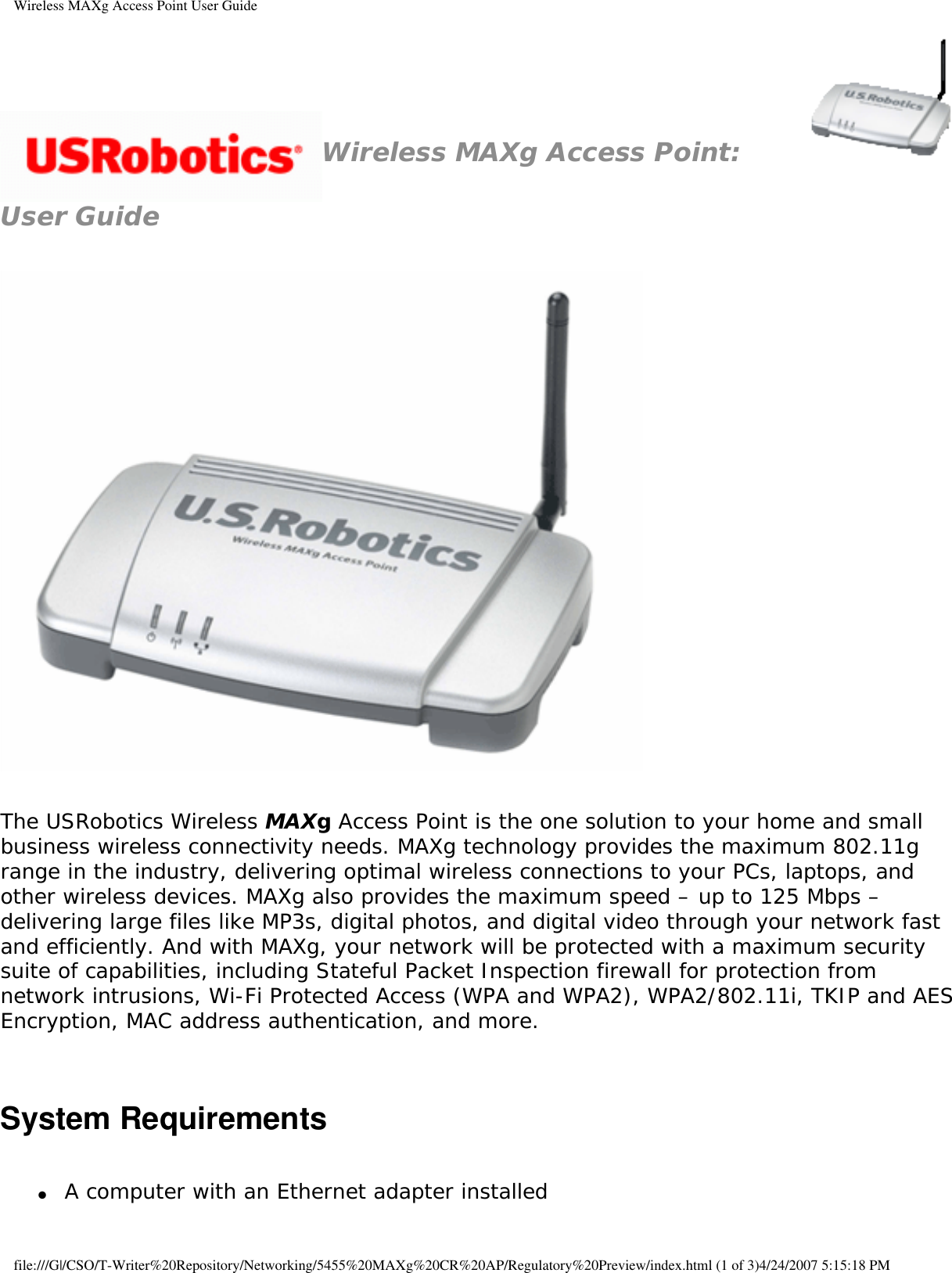 Page 1 of Universal Scientific RTGBR03 U.S. ROBOTICS MAXg WIRELESS ROUTER User Manual Wireless MAXg Access Point User Guide