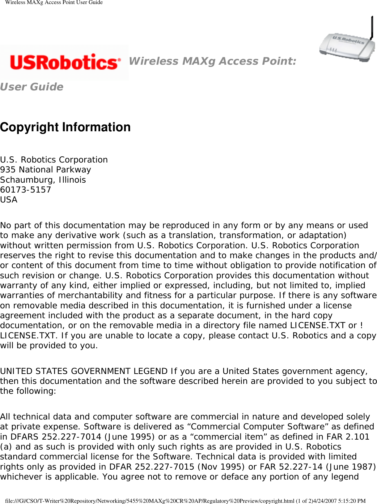 Page 18 of Universal Scientific RTGBR03 U.S. ROBOTICS MAXg WIRELESS ROUTER User Manual Wireless MAXg Access Point User Guide