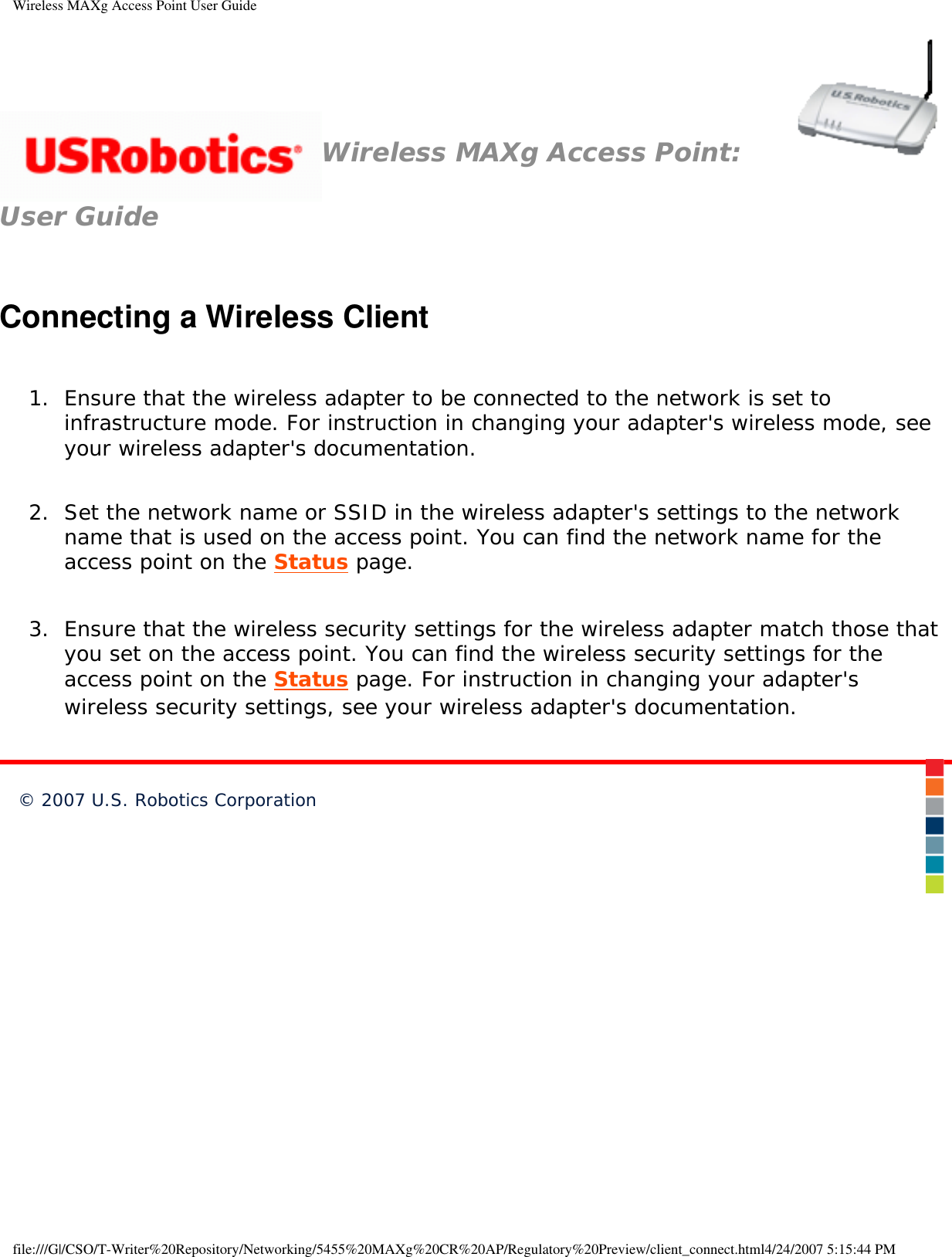 Page 32 of Universal Scientific RTGBR03 U.S. ROBOTICS MAXg WIRELESS ROUTER User Manual Wireless MAXg Access Point User Guide