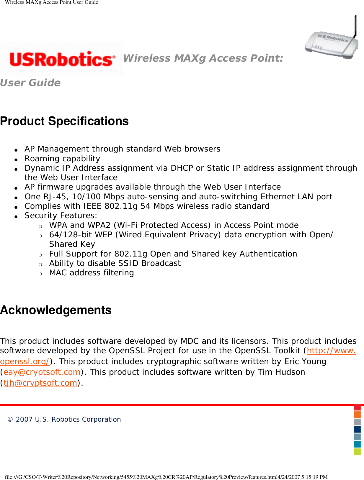 Page 4 of Universal Scientific RTGBR03 U.S. ROBOTICS MAXg WIRELESS ROUTER User Manual Wireless MAXg Access Point User Guide