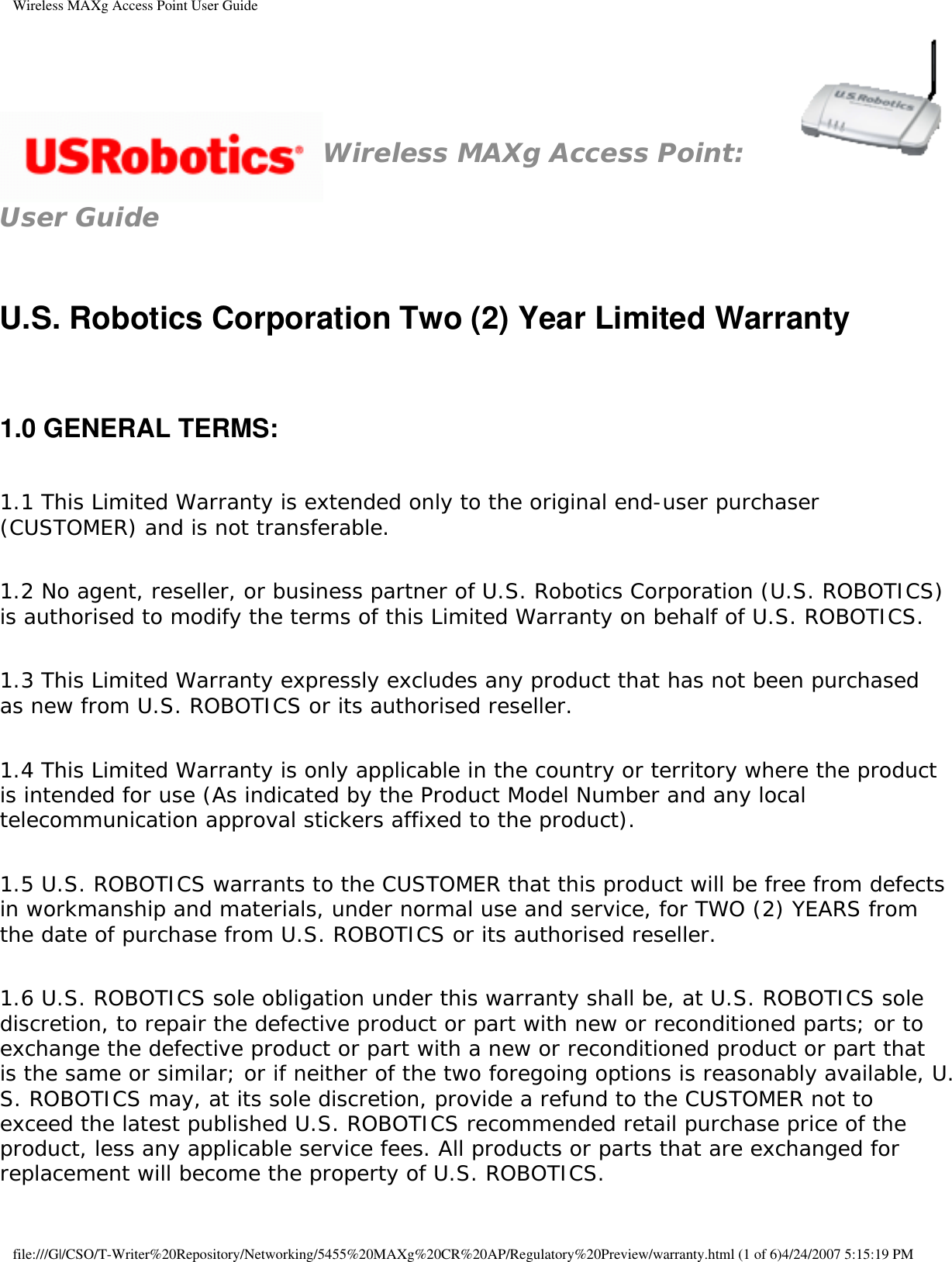 Page 5 of Universal Scientific RTGBR03 U.S. ROBOTICS MAXg WIRELESS ROUTER User Manual Wireless MAXg Access Point User Guide