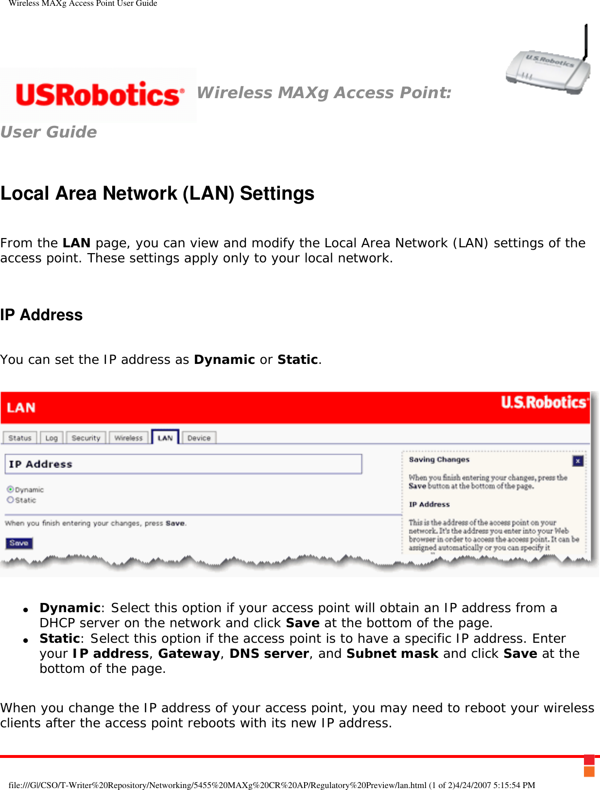 Page 58 of Universal Scientific RTGBR03 U.S. ROBOTICS MAXg WIRELESS ROUTER User Manual Wireless MAXg Access Point User Guide