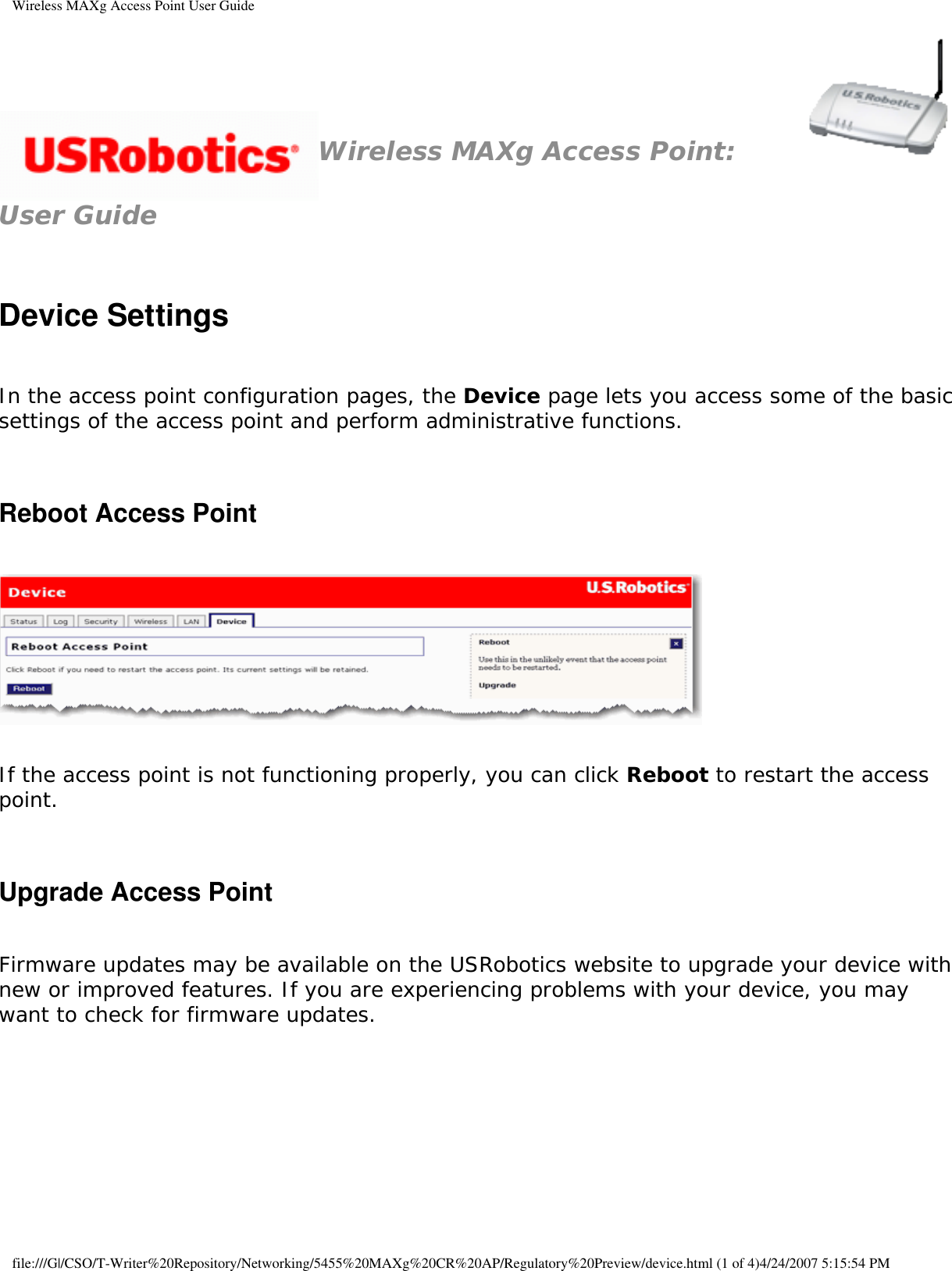 Page 60 of Universal Scientific RTGBR03 U.S. ROBOTICS MAXg WIRELESS ROUTER User Manual Wireless MAXg Access Point User Guide