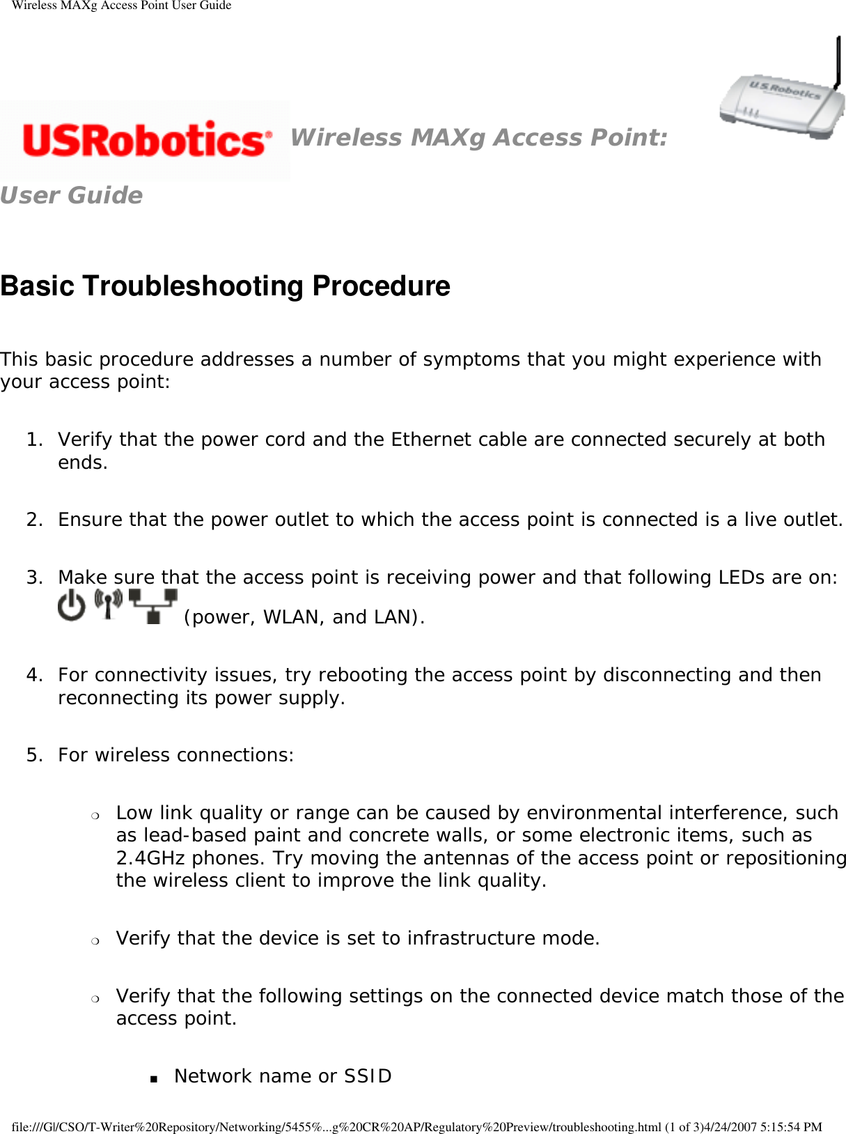 Page 64 of Universal Scientific RTGBR03 U.S. ROBOTICS MAXg WIRELESS ROUTER User Manual Wireless MAXg Access Point User Guide