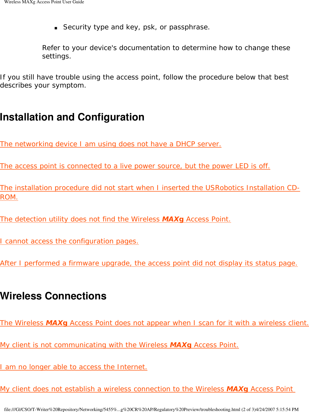 Page 65 of Universal Scientific RTGBR03 U.S. ROBOTICS MAXg WIRELESS ROUTER User Manual Wireless MAXg Access Point User Guide