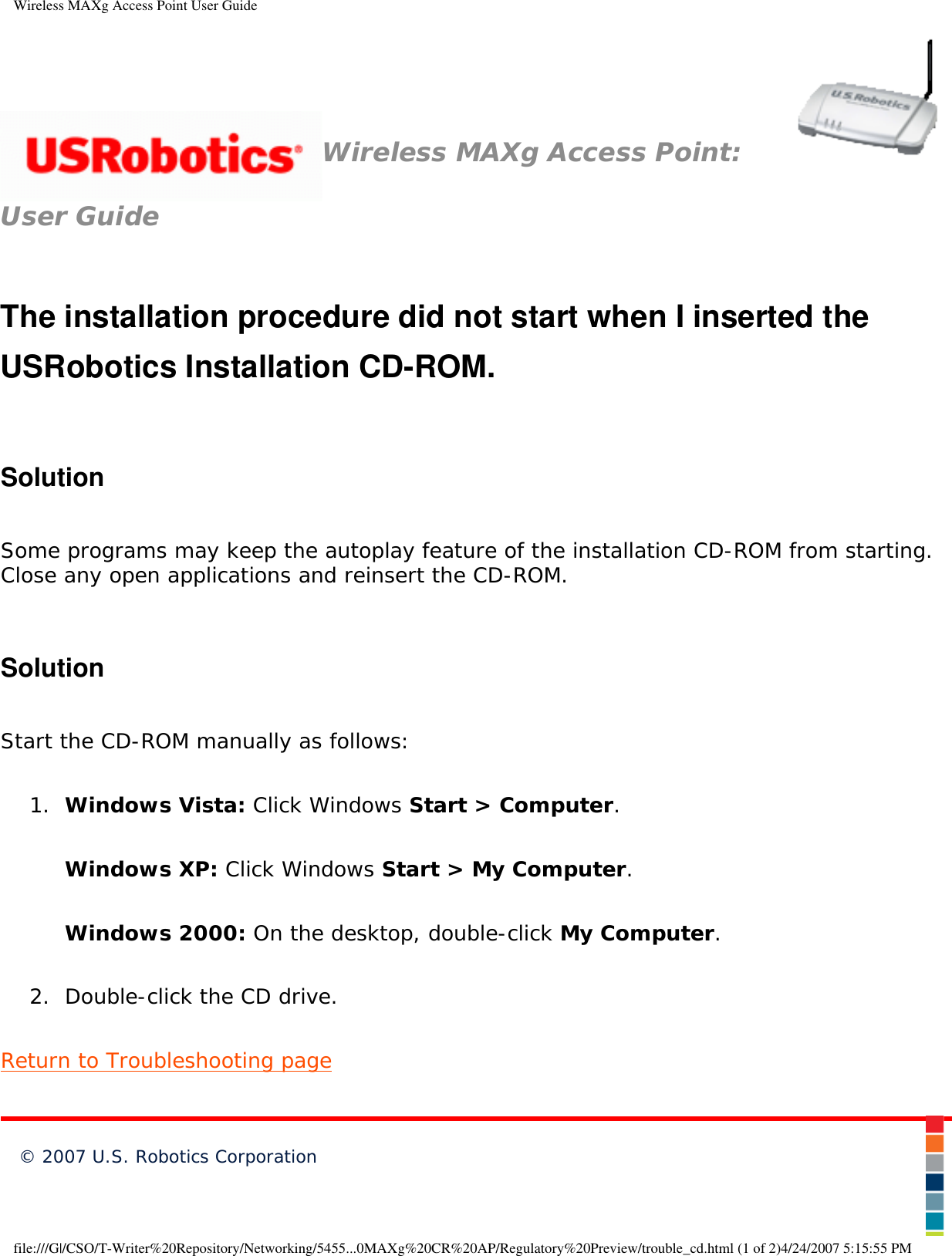 Page 73 of Universal Scientific RTGBR03 U.S. ROBOTICS MAXg WIRELESS ROUTER User Manual Wireless MAXg Access Point User Guide