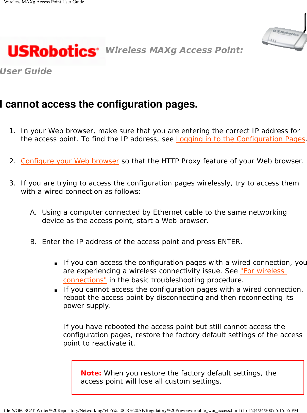 Page 76 of Universal Scientific RTGBR03 U.S. ROBOTICS MAXg WIRELESS ROUTER User Manual Wireless MAXg Access Point User Guide