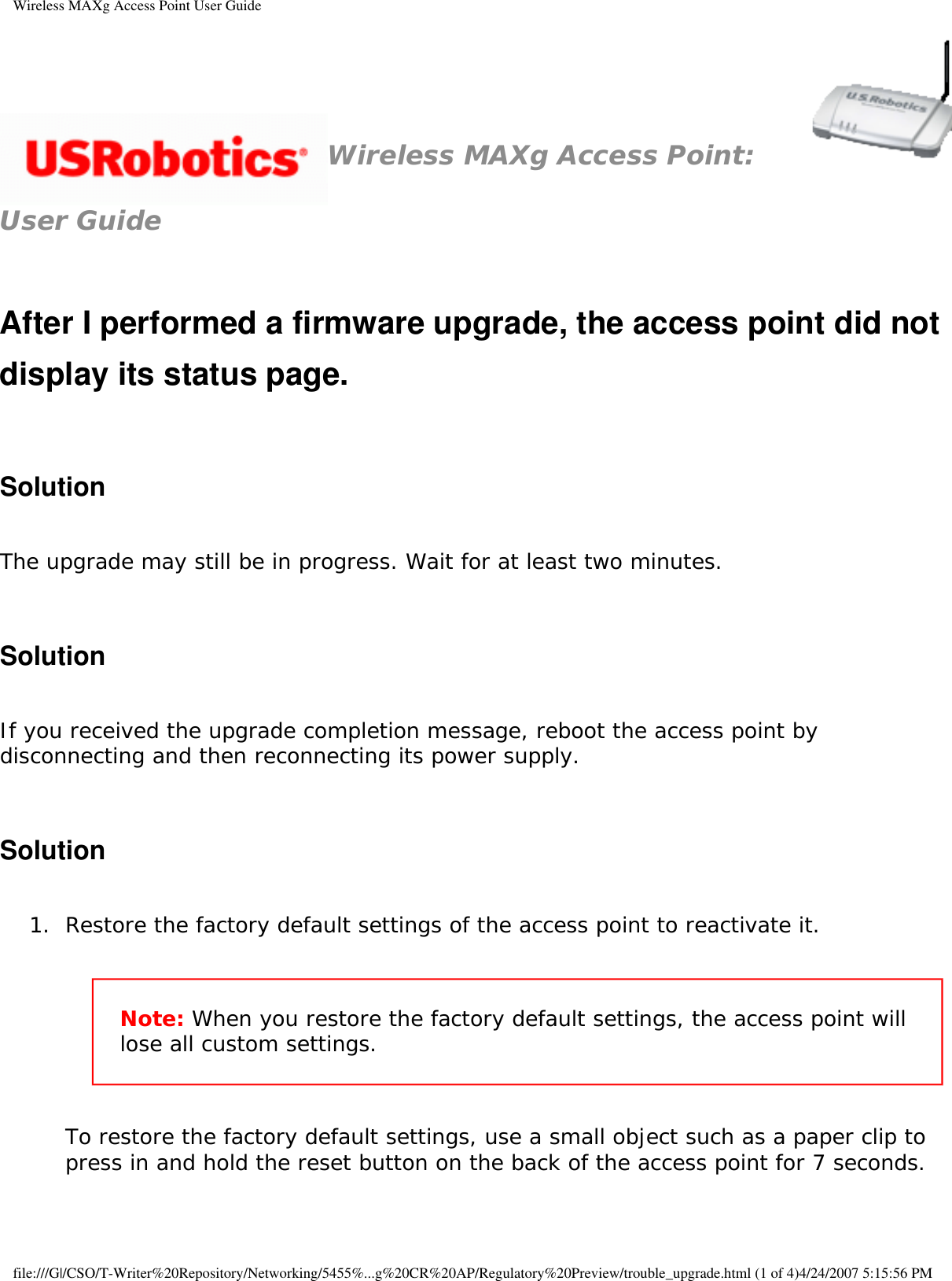 Page 78 of Universal Scientific RTGBR03 U.S. ROBOTICS MAXg WIRELESS ROUTER User Manual Wireless MAXg Access Point User Guide