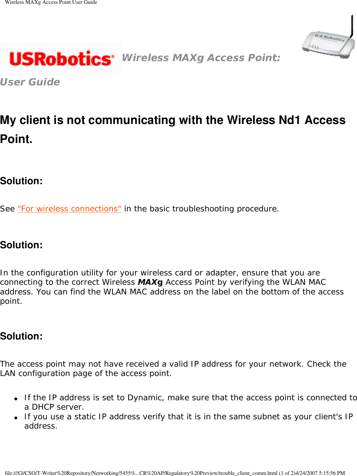 Page 84 of Universal Scientific RTGBR03 U.S. ROBOTICS MAXg WIRELESS ROUTER User Manual Wireless MAXg Access Point User Guide