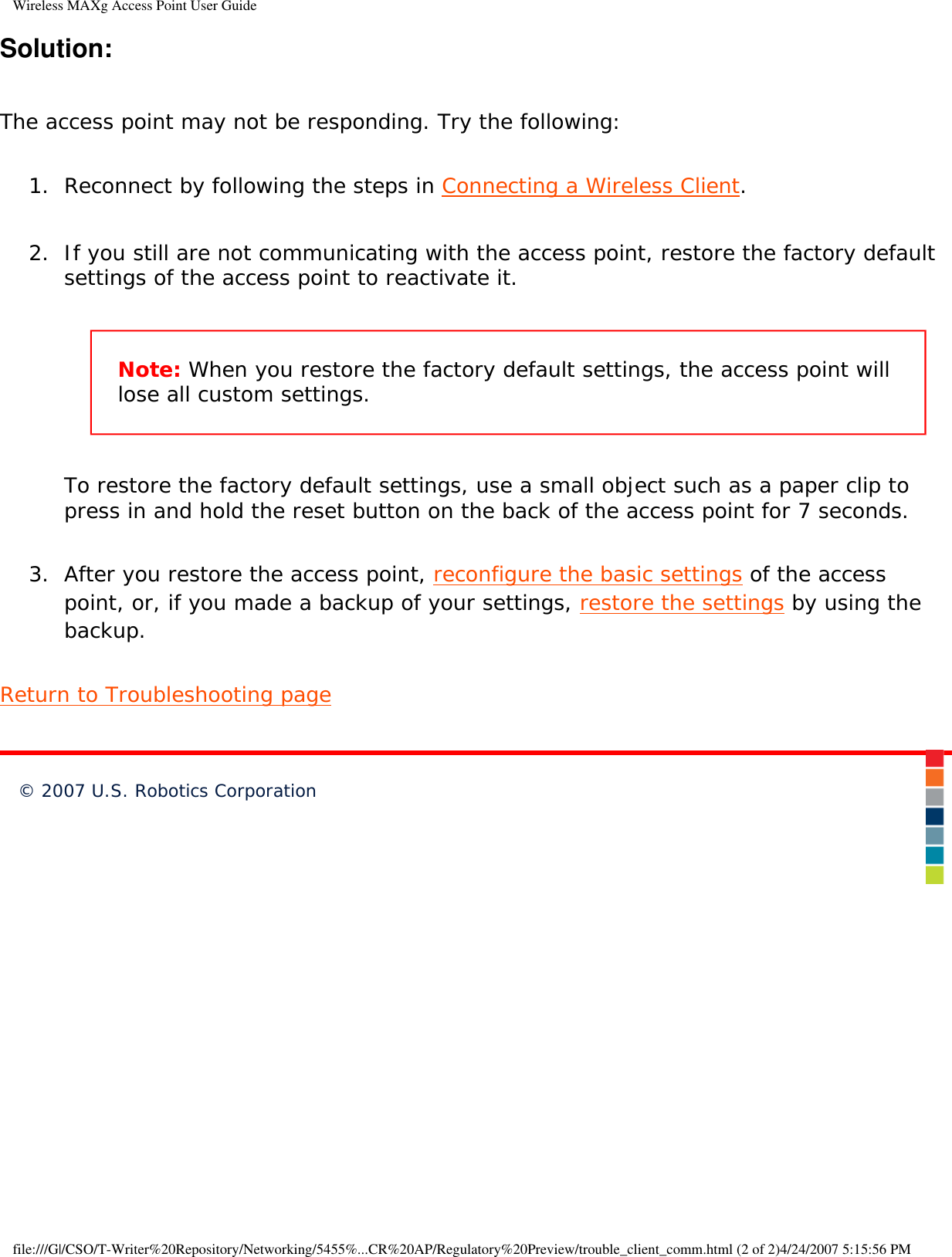 Page 85 of Universal Scientific RTGBR03 U.S. ROBOTICS MAXg WIRELESS ROUTER User Manual Wireless MAXg Access Point User Guide