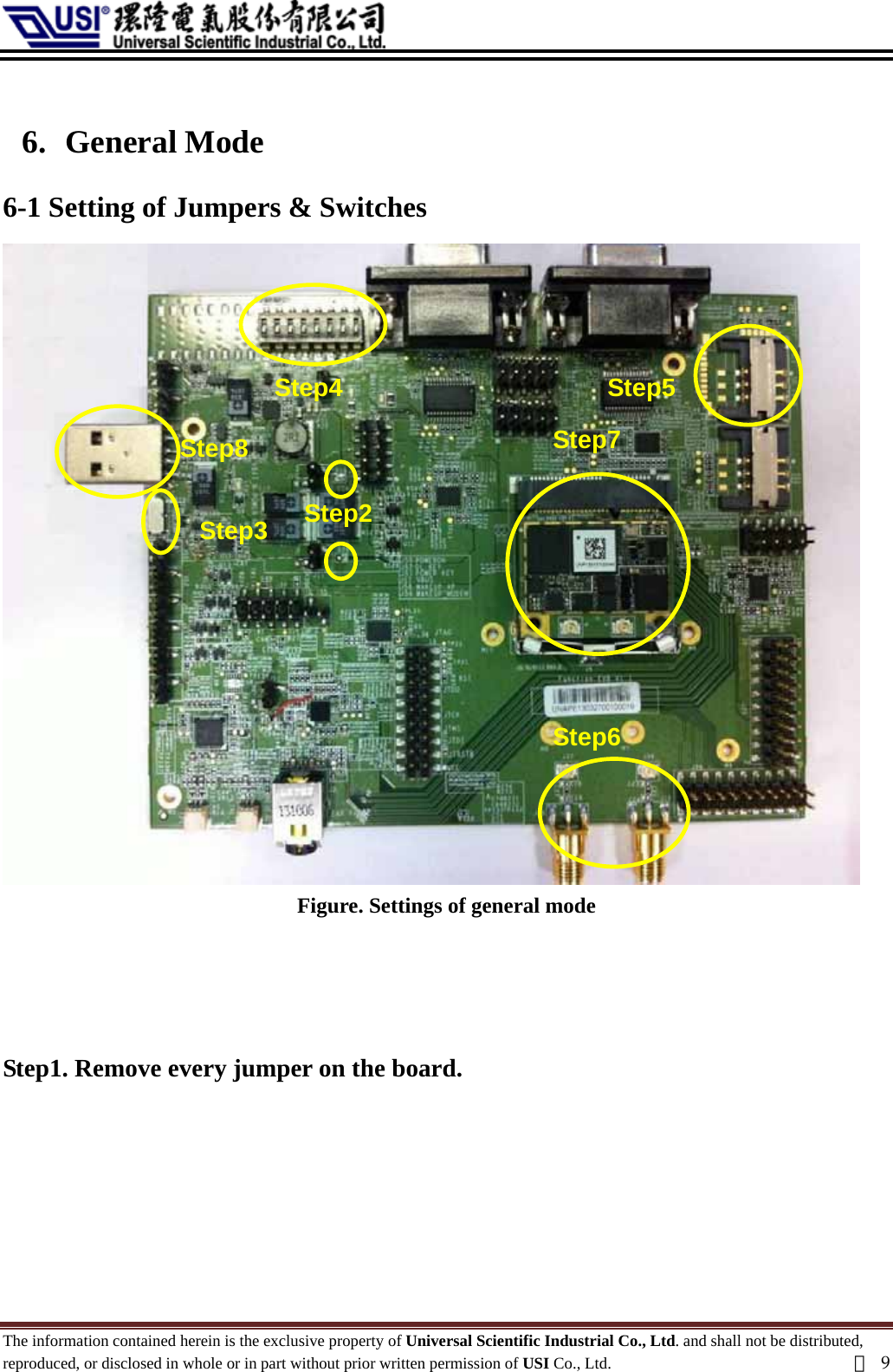   6. General Mode 6-1 Setting of Jumpers &amp; Switches    Step7Step6Step5 Step4Step2Step8 Step3 Figure. Settings of general mode    Step1. Remove every jumper on the board.       The information contained herein is the exclusive property of Universal Scientific Industrial Co., Ltd. and shall not be distributed, reproduced, or disclosed in whole or in part without prior written permission of USI Co., Ltd.  頁9 