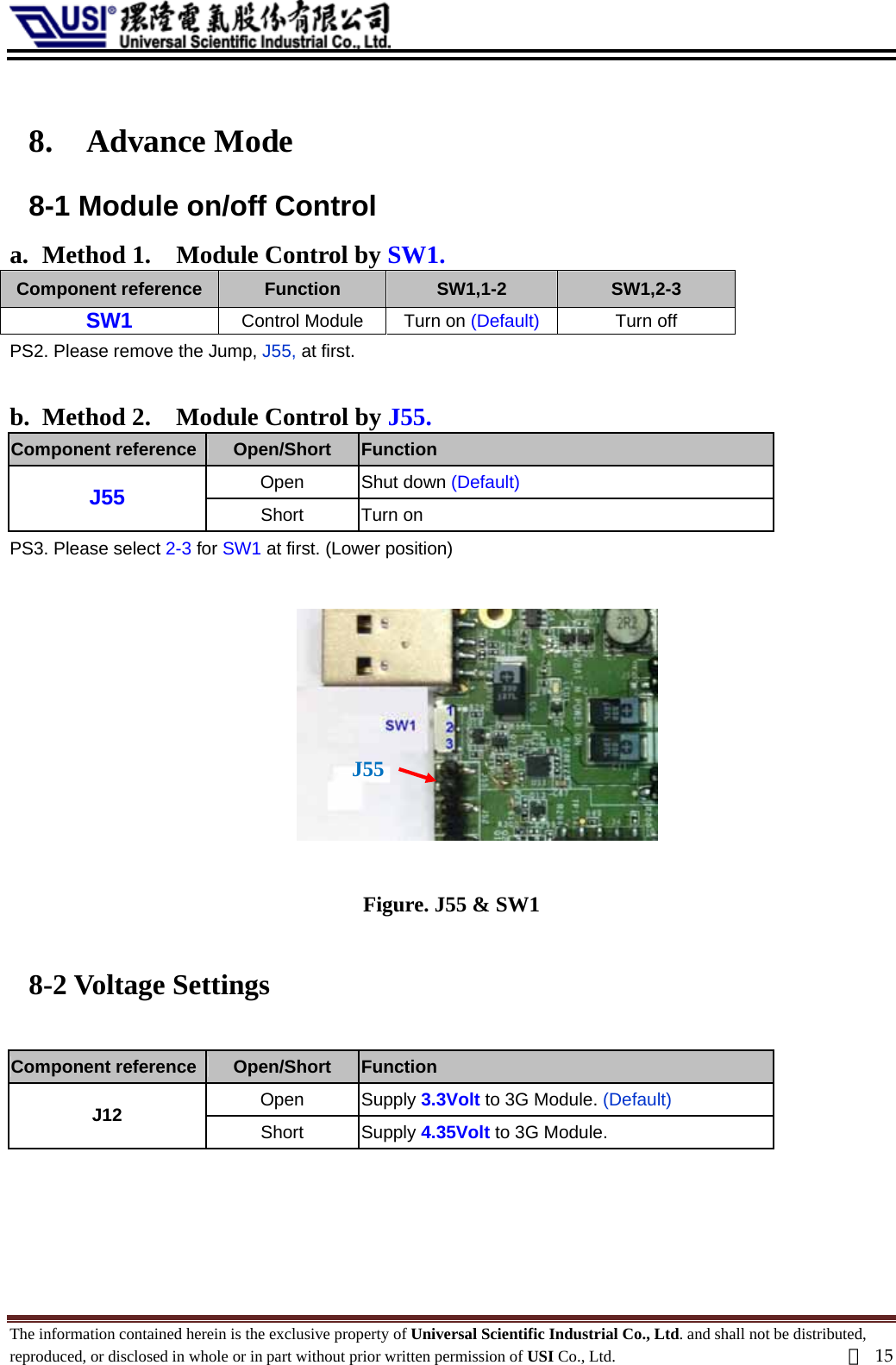   8.  Advance Mode 8-1 Module on/off Control   a. Method 1.    Module Control by SW1. Component reference  Function  SW1,1-2  SW1,2-3 SW1  Control Module  Turn on (Default) Turn off PS2. Please remove the Jump, J55, at first.   b. Method 2.    Module Control by J55. Component reference  Open/Short  Function  Open Shut down (Default) J55  Short Turn on PS3. Please select 2-3 for SW1 at first. (Lower position)  J55  Figure. J55 &amp; SW1  8-2 Voltage Settings  Component reference  Open/Short  Function  Open Supply 3.3Volt to 3G Module. (Default) J12  Short Supply 4.35Volt to 3G Module.    The information contained herein is the exclusive property of Universal Scientific Industrial Co., Ltd. and shall not be distributed, reproduced, or disclosed in whole or in part without prior written permission of USI Co., Ltd.  頁15 