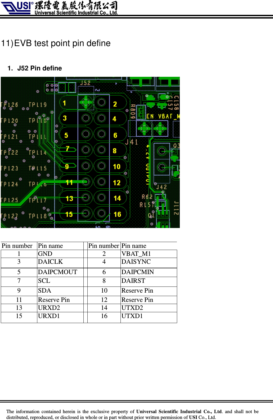     The information  contained herein  is  the exclusive property of  Universal Scientific Industrial  Co., Ltd.  and  shall not  be distributed, reproduced, or disclosed in whole or in part without prior written permission of USI Co., Ltd.  11) EVB test point pin define  1.  J52 Pin define   Pin number Pin name  Pin number Pin name 1  GND  2  VBAT_M1 3  DAICLK  4  DAISYNC 5  DAIPCMOUT  6  DAIPCMIN 7  SCL  8  DAIRST 9  SDA  10  Reserve Pin 11  Reserve Pin  12  Reserve Pin 13  URXD2  14  UTXD2 15  URXD1  16  UTXD1       