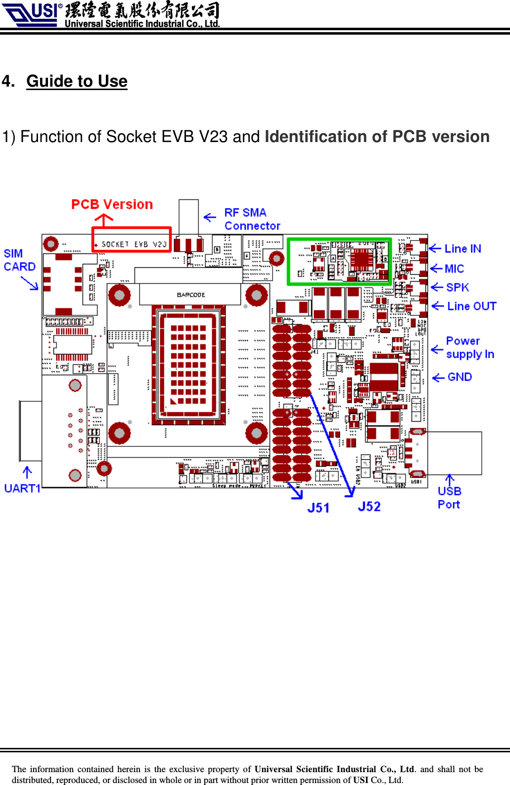     The information  contained herein  is  the exclusive property of  Universal Scientific Industrial  Co., Ltd.  and  shall not  be distributed, reproduced, or disclosed in whole or in part without prior written permission of USI Co., Ltd.  4.  Guide to Use  1) Function of Socket EVB V23 and Identification of PCB version              