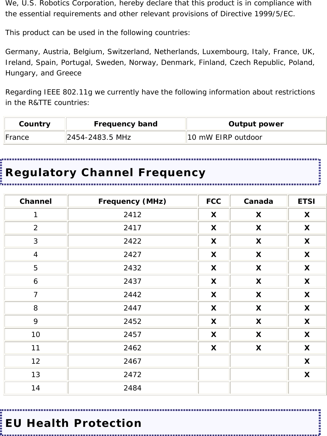 We, U.S. Robotics Corporation, hereby declare that this product is in compliance with the essential requirements and other relevant provisions of Directive 1999/5/EC.  This product can be used in the following countries: Germany, Austria, Belgium, Switzerland, Netherlands, Luxembourg, Italy, France, UK, Ireland, Spain, Portugal, Sweden, Norway, Denmark, Finland, Czech Republic, Poland, Hungary, and Greece Regarding IEEE 802.11g we currently have the following information about restrictions in the R&amp;TTE countries: Country  Frequency band  Output power France  2454-2483.5 MHz  10 mW EIRP outdoor Regulatory Channel Frequency Channel Frequency (MHz) FCC Canada ETSI 1 2412 X X X 2 2417 X X X 3 2422 X X X 4 2427 X X X 5 2432 X X X 6 2437 X X X 7 2442 X X X 8 2447 X X X 9 2452 X X X 10 2457 X X X 11 2462 X X X 12  2467        X 13  2472        X 14  2484          EU Health Protection 