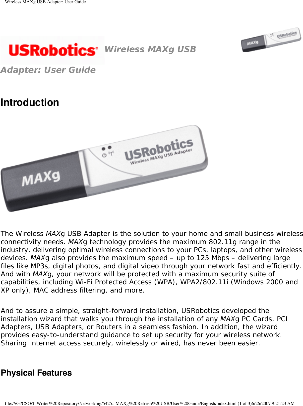 Page 1 of Universal Scientific USGBR02 USROBOTICS WIRELESS MAXg USB ADAPTER User Manual Wireless MAXg USB Adapter  User Guide