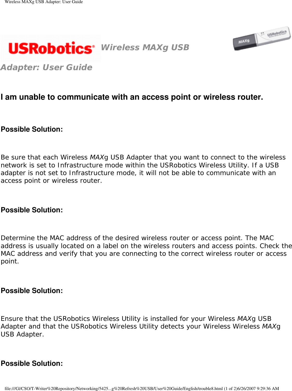 Page 80 of Universal Scientific USGBR02 USROBOTICS WIRELESS MAXg USB ADAPTER User Manual Wireless MAXg USB Adapter  User Guide