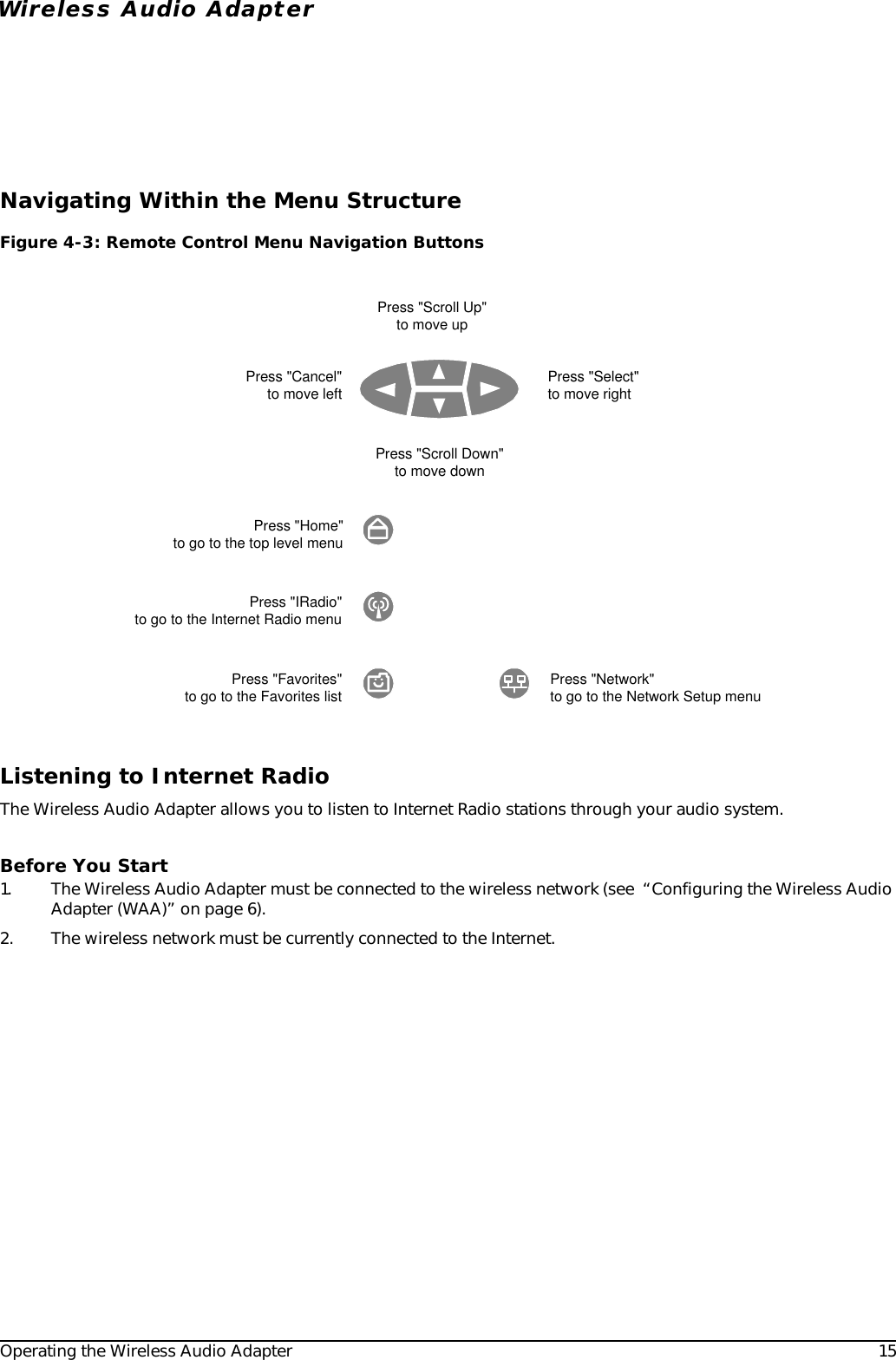 Operating the Wireless Audio Adapter 15Wireless Audio AdapterNavigating Within the Menu StructureListening to Internet RadioThe Wireless Audio Adapter allows you to listen to Internet Radio stations through your audio system. Before You Start1. The Wireless Audio Adapter must be connected to the wireless network (see  “Configuring the Wireless Audio Adapter (WAA)” on page 6).2. The wireless network must be currently connected to the Internet.Figure 4-3: Remote Control Menu Navigation ButtonsPress &quot;Select&quot;to move rightPress &quot;Scroll Up&quot;to move upPress &quot;Scroll Down&quot;to move downPress &quot;Cancel&quot;to move leftPress &quot;Home&quot;to go to the top level menuPress &quot;IRadio&quot;to go to the Internet Radio menuPress &quot;Network&quot;to go to the Network Setup menuPress &quot;Favorites&quot;to go to the Favorites list