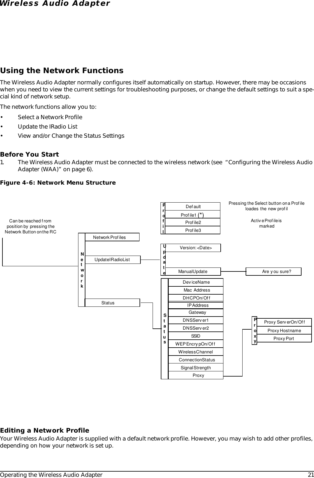 Operating the Wireless Audio Adapter 21Wireless Audio AdapterUsing the Network FunctionsThe Wireless Audio Adapter normally configures itself automatically on startup. However, there may be occasions when you need to view the current settings for troubleshooting purposes, or change the default settings to suit a spe-cial kind of network setup. The network functions allow you to:• Select a Network Profile• Update the IRadio List• View and/or Change the Status SettingsBefore You Start1. The Wireless Audio Adapter must be connected to the wireless network (see  “Configuring the Wireless Audio Adapter (WAA)” on page 6).Editing a Network ProfileYour Wireless Audio Adapter is supplied with a default network profile. However, you may wish to add other profiles, depending on how your network is set up.Figure 4-6: Network Menu StructureNetworkCan be reached f romposition by  pressing theNetwork Button on the RC Network Prof ilesProfilProf ile1 (*)Def aultProf ile2Prof ile3Pressing the Select button on a Prof ileloades the new profilActiv e Prof ile ismarked WEP Enc ry p On/Of fSSIDGatewayDNS Serv er1DHCP On/Of fProxyProxy  HostnameProxy  Serv er On/Of fProxy  PortStatus IP AddressWireless ChannelStatusDevice NameDNS Serv er2Mac AddressConnection StatusSignal StrengthProxyUpdate IRadio ListUpdateManual UpdateVersion: &lt;Dat e&gt;Are y ou sure?