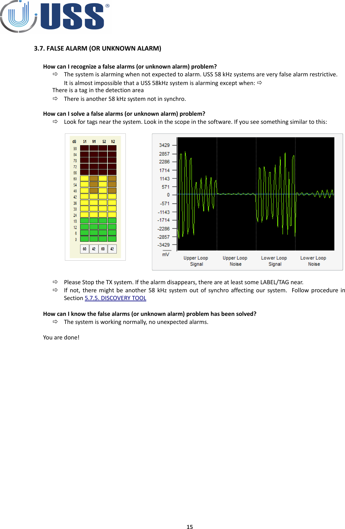 3.7. FALSE ALARM (OR UNKNOWN ALARM)How can I recognize a false alarms (or unknown alarm) problem? The system is alarming when not expected to alarm. USS 58 kHz systems are very false alarm restrictive. It is almost impossible that a USS 58kHz system is alarming except when:  There is a tag in the detection area There is another 58 kHz system not in synchro.How can I solve a false alarms (or unknown alarm) problem?Look for tags near the system. Look in the scope in the software. If you see something similar to this:Please Stop the TX system. If the alarm disappears, there are at least some LABEL/TAG near.If not, there might be another 58 kHz system out of synchro affecting our system.   Follow procedure in Section 5.7.5. DISCOVERY TOOLHow can I know the false alarms (or unknown alarm) problem has been solved?The system is working normally, no unexpected alarms.You are done!15