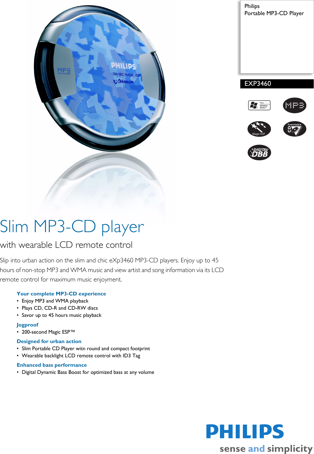 Page 1 of 2 - Univex Univex-Exp3460-Users-Manual- EXP3460/00 Philips Portable MP3-CD Player  Univex-exp3460-users-manual