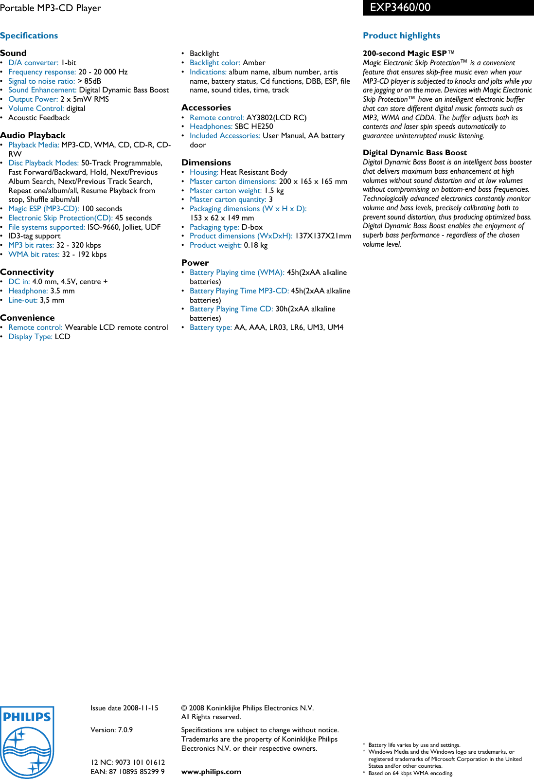 Page 2 of 2 - Univex Univex-Exp3460-Users-Manual- EXP3460/00 Philips Portable MP3-CD Player  Univex-exp3460-users-manual