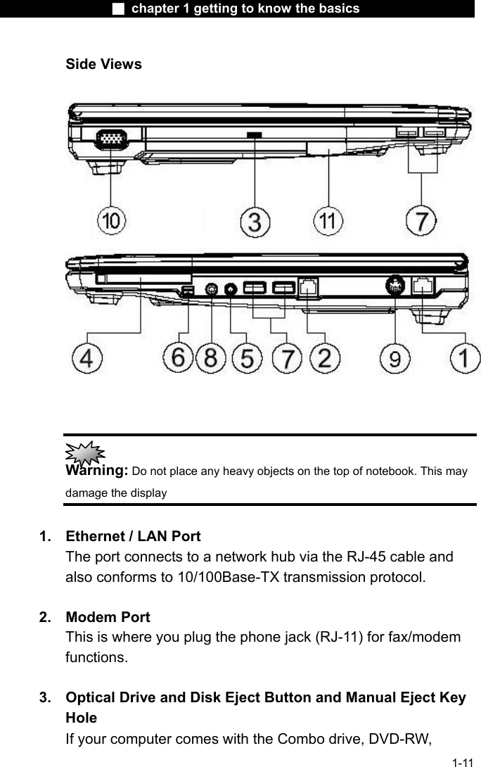                  ■ chapter 1 getting to know the basics                    1-11 Side Views     Warning: Do not place any heavy objects on the top of notebook. This may damage the display  1.  Ethernet / LAN Port The port connects to a network hub via the RJ-45 cable and also conforms to 10/100Base-TX transmission protocol.    2. Modem Port This is where you plug the phone jack (RJ-11) for fax/modem functions.  3.  Optical Drive and Disk Eject Button and Manual Eject Key Hole If your computer comes with the Combo drive, DVD-RW, 