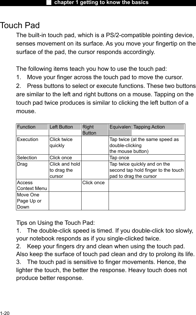                  ■ chapter 1 getting to know the basics                    1-20 Touch Pad The built-in touch pad, which is a PS/2-compatible pointing device, senses movement on its surface. As you move your fingertip on the surface of the pad, the cursor responds accordingly.  The following items teach you how to use the touch pad: 1.  Move your finger across the touch pad to move the cursor. 2.  Press buttons to select or execute functions. These two buttons are similar to the left and right buttons on a mouse. Tapping on the touch pad twice produces is similar to clicking the left button of a mouse.  Function  Left Button  Right Button Equivalent Tapping Action Execution Click twice quickly   Tap twice (at the same speed as double-clicking the mouse button) Selection  Click once    Tap once Drag  Click and hold to drag the cursor   Tap twice quickly and on the second tap hold finger to the touch pad to drag the cursor Access Context Menu  Click once  Move One Page Up or Down     Tips on Using the Touch Pad: 1.  The double-click speed is timed. If you double-click too slowly, your notebook responds as if you single-clicked twice.   2.  Keep your fingers dry and clean when using the touch pad. Also keep the surface of touch pad clean and dry to prolong its life. 3.  The touch pad is sensitive to finger movements. Hence, the lighter the touch, the better the response. Heavy touch does not produce better response. 