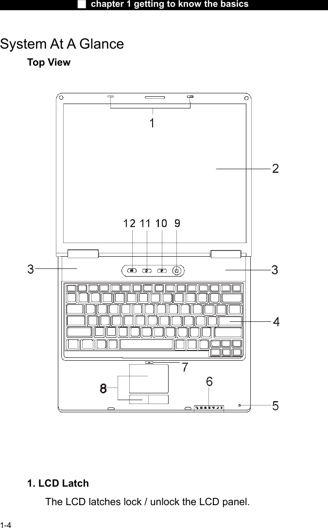                  ■ chapter 1 getting to know the basics                    1-4 System At A Glance Top View       1. LCD Latch   The LCD latches lock / unlock the LCD panel.   