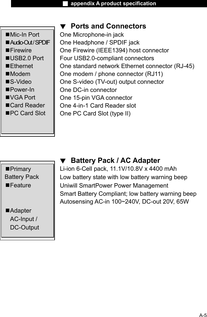                    ■ appendix A product specification                     A-5 ▼  Ports and Connectors One Microphone-in jack One Headphone / SPDIF jack One Firewire (IEEE1394) host connector Four USB2.0-compliant connectors One standard network Ethernet connector (RJ-45) One modem / phone connector (RJ11) One S-video (TV-out) output connector One DC-in connector One 15-pin VGA connector One 4-in-1 Card Reader slot One PC Card Slot (type II)      ▼  Battery Pack / AC Adapter Li-ion 6-Cell pack, 11.1V/10.8V x 4400 mAh   Low battery state with low battery warning beep Uniwill SmartPower Power Management Smart Battery Compliant; low battery warning beep Autosensing AC-in 100~240V, DC-out 20V, 65W     Mic-In Port  Audio-Out / SPDIF  Firewire  USB2.0 Port  Ethernet  Modem  S-Video  Power-In  VGA Port  Card Reader  PC Card Slot  Primary Battery Pack  Feature    Adapter   AC-Input /   DC-Output 