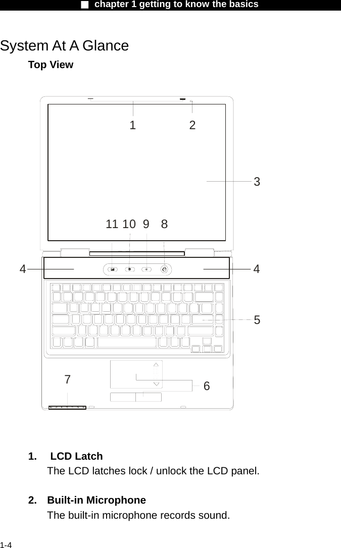                  ■ chapter 1 getting to know the basics                    1-4 System At A Glance Top View  12311 10 9844567   1. LCD Latch The LCD latches lock / unlock the LCD panel.  2. Built-in Microphone The built-in microphone records sound.  