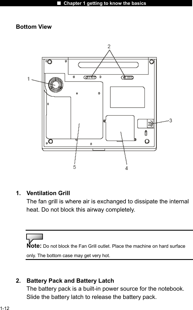                      ■ Chapter 1 getting to know the basics                      1-12 Bottom View    1. Ventilation Grill The fan grill is where air is exchanged to dissipate the internal heat. Do not block this airway completely.     Note: Do not block the Fan Grill outlet. Place the machine on hard surface only. The bottom case may get very hot.   2.  Battery Pack and Battery Latch The battery pack is a built-in power source for the notebook. Slide the battery latch to release the battery pack. 