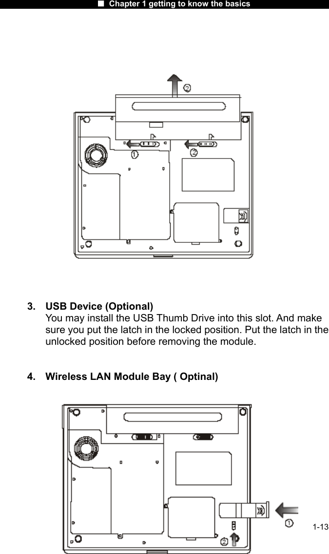                      ■ Chapter 1 getting to know the basics                      1-13    3.  USB Device (Optional) You may install the USB Thumb Drive into this slot. And make sure you put the latch in the locked position. Put the latch in the unlocked position before removing the module.   4.  Wireless LAN Module Bay ( Optinal) 