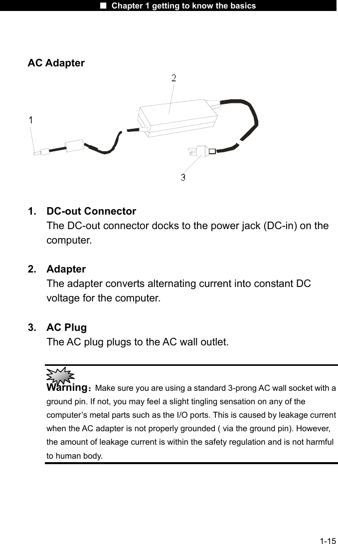                      ■ Chapter 1 getting to know the basics                      1-15   AC Adapter   1. DC-out Connector The DC-out connector docks to the power jack (DC-in) on the computer.   2. Adapter The adapter converts alternating current into constant DC voltage for the computer.  3. AC Plug The AC plug plugs to the AC wall outlet.   Warning：Make sure you are using a standard 3-prong AC wall socket with a ground pin. If not, you may feel a slight tingling sensation on any of the computer&rsquo;s metal parts such as the I/O ports. This is caused by leakage current when the AC adapter is not properly grounded ( via the ground pin). However, the amount of leakage current is within the safety regulation and is not harmful to human body. 