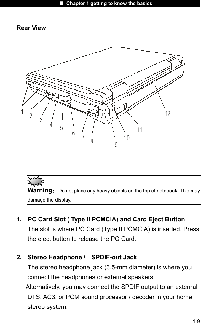                      ■ Chapter 1 getting to know the basics                      1-9 Rear View    Warning：Do not place any heavy objects on the top of notebook. This may damage the display.  1.    PC Card Slot ( Type II PCMCIA) and Card Eject Button The slot is where PC Card (Type II PCMCIA) is inserted. Press the eject button to release the PC Card.  2.  Stereo Headphone /    SPDIF-out Jack   The stereo headphone jack (3.5-mm diameter) is where you connect the headphones or external speakers.       Alternatively, you may connect the SPDIF output to an external DTS, AC3, or PCM sound processor / decoder in your home stereo system. 