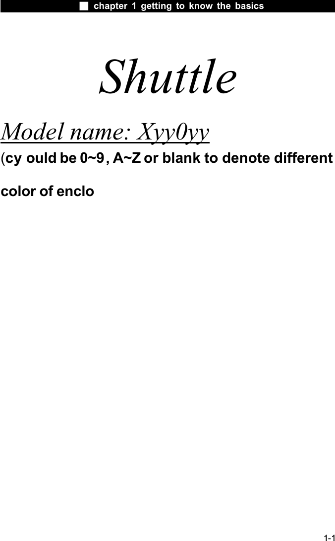  chapter 1 getting to know the basics1-1ShuttleModel name: Xyy0yy(cy ould be 0~9, A~Z or blank to denote different color of enclo