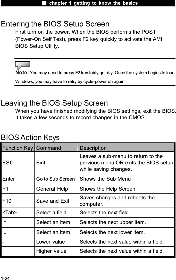  chapter 1 getting to know the basics1-24Entering the BIOS Setup ScreenFirst turn on the power. When the BIOS performs the POST (Power-On Self Test), press F2 key quickly to activate the AMIBIOS Setup Utility.Note: You may need to press F2 key fairly quickly. Once the system begins to load Windows, you may have to retry by cycle-power on againLeaving the BIOS Setup ScreenWhen you have finished modifying the BIOS settings, exit the BIOS. It takes a few seconds to record changes in the CMOS.BIOS Action KeysFunction Key Command DescriptionESC ExitLeaves a sub-menu to return to the previous menu OR exits the BIOS setup while saving changes.Enter Go to Sub Screen Shows the Sub MenuF1 General Help Shows the Help ScreenF10 Save and Exit Saves changes and reboots the computer.<Tab> Select a field Selects the next field.ХSelect an item Selects the next upper item.ЦSelect an item Selects the next lower item.- Lower value Selects the next value within a field.+ Higher value Selects the next value within a field.