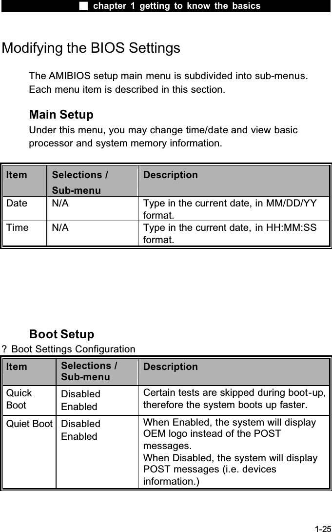  chapter 1 getting to know the basics1-25Modifying the BIOS SettingsThe AMIBIOS setup main menu is subdivided into sub-menus.Each menu item is described in this section.Main SetupUnder this menu, you may change time/date and view basic processor and system memory information.Item Selections /Sub-menuDescriptionDate N/A Type in the current date, in MM/DD/YY format.Time N/A Type in the current date, in HH:MM:SS format.Boot Setup? Boot Settings ConfigurationItem Selections /Sub-menuDescriptionQuickBootDisabledEnabledCertain tests are skipped during boot-up,therefore the system boots up faster.Quiet Boot DisabledEnabledWhen Enabled, the system will display OEM logo instead of the POST messages.When Disabled, the system will display POST messages (i.e. devices information.)