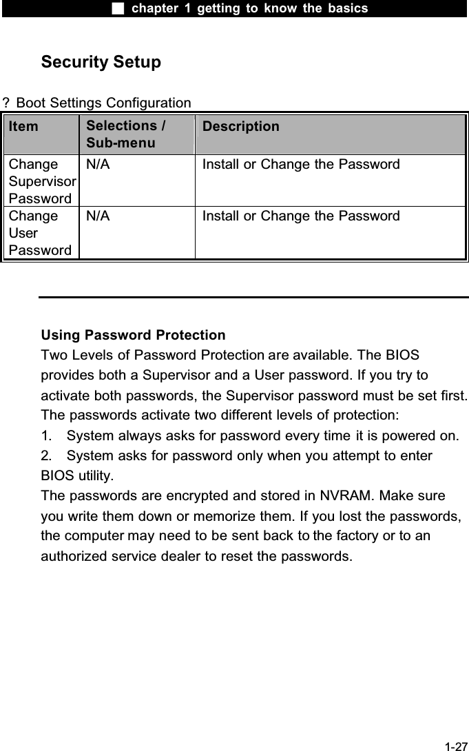  chapter 1 getting to know the basics1-27Security Setup? Boot Settings ConfigurationItem Selections /Sub-menuDescriptionChangeSupervisorPasswordN/A Install or Change the PasswordChangeUserPasswordN/A Install or Change the PasswordUsing Password ProtectionTwo Levels of Password Protection are available. The BIOS provides both a Supervisor and a User password. If you try to activate both passwords, the Supervisor password must be set first.The passwords activate two different levels of protection:1. System always asks for password every time it is powered on. 2. System asks for password only when you attempt to enter BIOS utility.The passwords are encrypted and stored in NVRAM. Make sure you write them down or memorize them. If you lost the passwords, the computer may need to be sent back to the factory or to an authorized service dealer to reset the passwords.