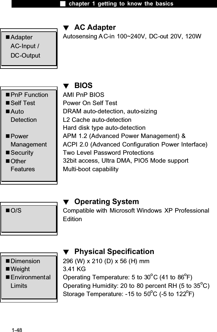  chapter 1 getting to know the basics1-48ϰʳ AC AdapterAutosensing AC-in 100~240V, DC-out 20V, 120W ϰʳ BIOSAMI PnP BIOSPower On Self TestDRAM auto-detection, auto-sizingL2 Cache auto-detectionHard disk type auto-detectionAPM 1.2 (Advanced Power Management) &amp; ACPI 2.0 (Advanced Configuration Power Interface)Two Level Password Protections32bit access, Ultra DMA, PIO5 Mode supportMulti-boot capabilityϰʳ Operating SystemCompatible with Microsoft Windows XP Professional Editionϰʳ Physical Specification296 (W) x 210 (D) x 56 (H) mm3.41 KGOperating Temperature: 5 to 30oC (41 to 86oF)Operating Humidity: 20 to 80 percent RH (5 to 35oC)Storage Temperature: -15 to 50oC (-5 to 122oF) PnP Function Self Test AutoDetection PowerManagement Security OtherFeatures Dimension Weight EnvironmentalLimits O/S AdapterAC-Input / DC-Output