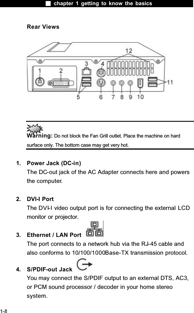  chapter 1 getting to know the basics1-8Rear ViewsWarning: Do not block the Fan Grill outlet. Place the machine on hard surface only. The bottom case may get very hot.1. Power Jack (DC-in)The DC-out jack of the AC Adapter connects here and powers the computer.2. DVI-I PortThe DVI-I video output port is for connecting the external LCDmonitor or projector.3. Ethernet / LAN PortThe port connects to a network hub via the RJ-45 cable and also conforms to 10/100/1000Base-TX transmission protocol.4. S/PDIF-out JackYou may connect the S/PDIF output to an external DTS, AC3, or PCM sound processor / decoder in your home stereo system.