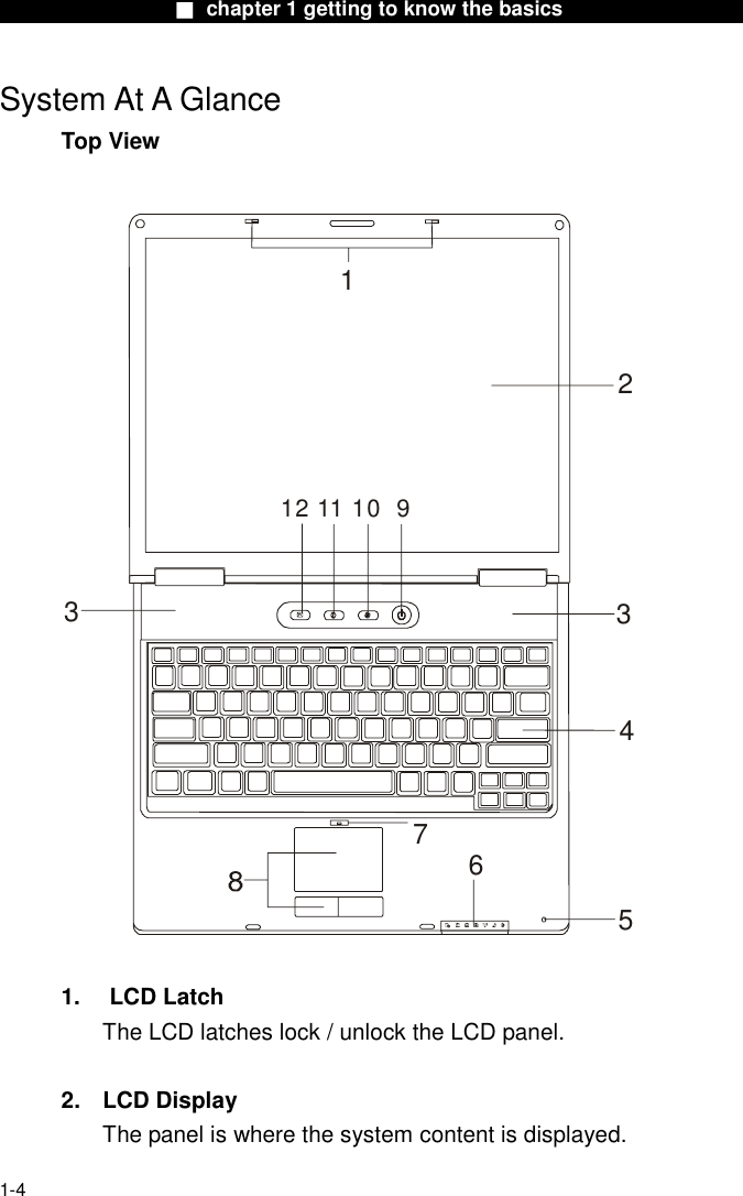                  ■ chapter 1 getting to know the basics                    1-4 System At A Glance Top View  12311 10 93456712  1. LCD Latch The LCD latches lock / unlock the LCD panel.  2. LCD Display The panel is where the system content is displayed. 
