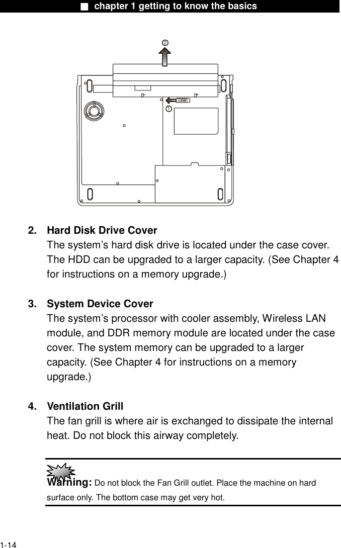                  ■ chapter 1 getting to know the basics                    1-14 12  2.  Hard Disk Drive Cover The system&rsquo;s hard disk drive is located under the case cover. The HDD can be upgraded to a larger capacity. (See Chapter 4 for instructions on a memory upgrade.)  3.  System Device Cover The system&rsquo;s processor with cooler assembly, Wireless LAN module, and DDR memory module are located under the case cover. The system memory can be upgraded to a larger capacity. (See Chapter 4 for instructions on a memory upgrade.)  4. Ventilation Grill The fan grill is where air is exchanged to dissipate the internal heat. Do not block this airway completely.   Warning: Do not block the Fan Grill outlet. Place the machine on hard surface only. The bottom case may get very hot.   